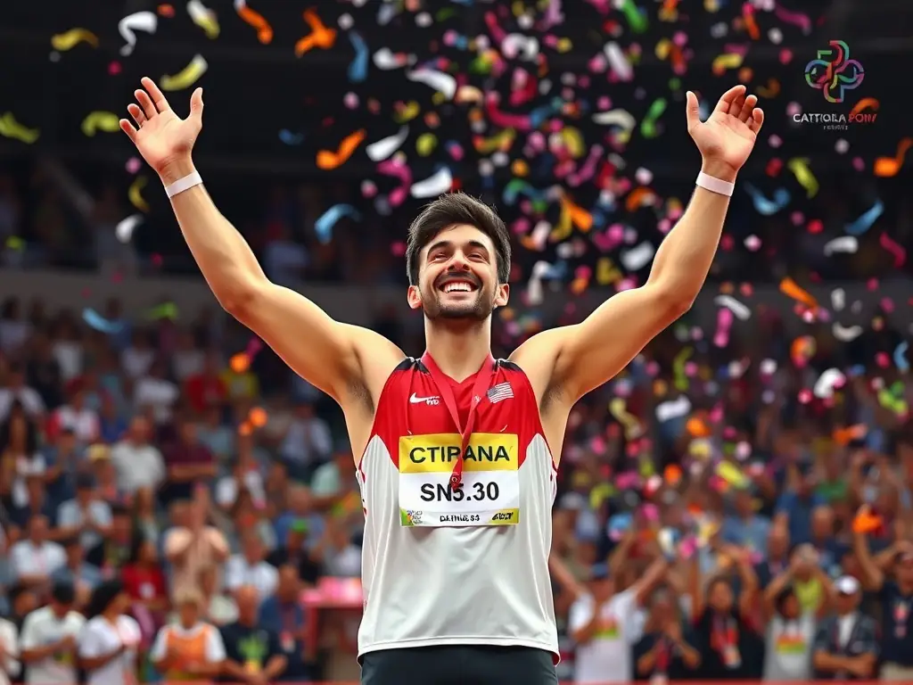 An athlete confidently standing on a podium, celebrating a victory.